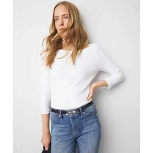White House Black Market Forme Ribbed Stretch Boatneck Top Minimalist Sz M White